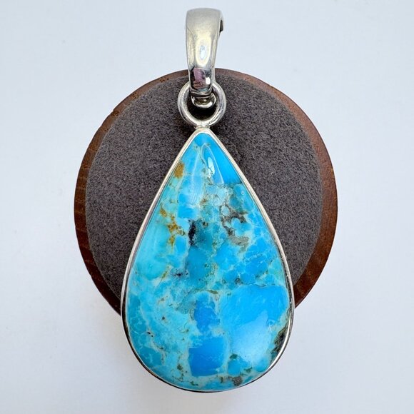 VTG Sterling Silver 925 Turquoise Bezel Set Teardrop Pendant Size 2.5" Length - Picture 1 of 10